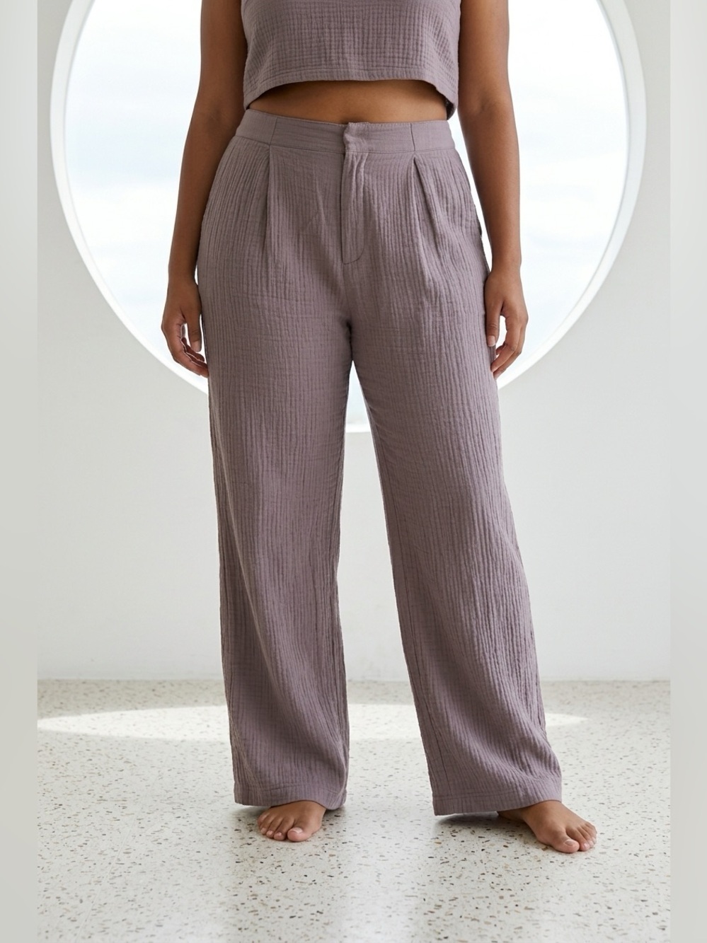 NWT Hello Nite Women Gray Cinched Waist Gauzy Cotton Muslin Casual Pants - XL